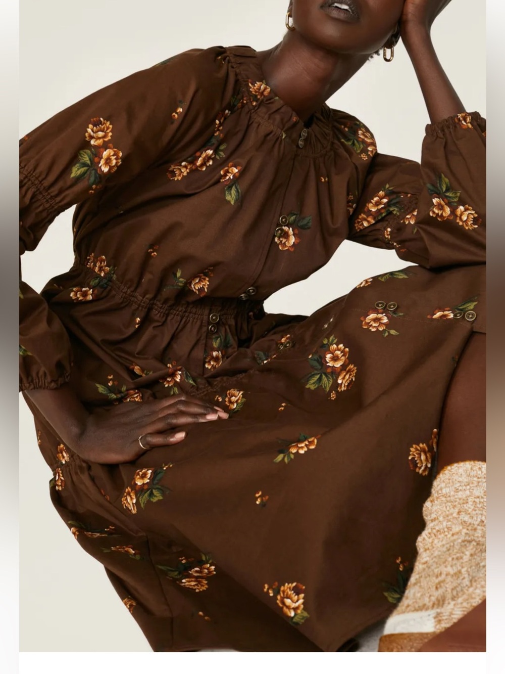 $425 Pamela Love Brown Cotton Floral Ruffle Midi Dress
